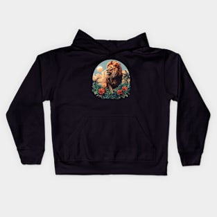 A Proud Lion Relaxes in the Evening Red Flowers In The Jungle The King of the Jungle Lion Kids Hoodie